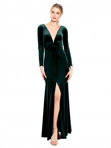 Best Stretch Velvet Open Back Long V-Neck A-Line Black Tie Prom Dress Canada