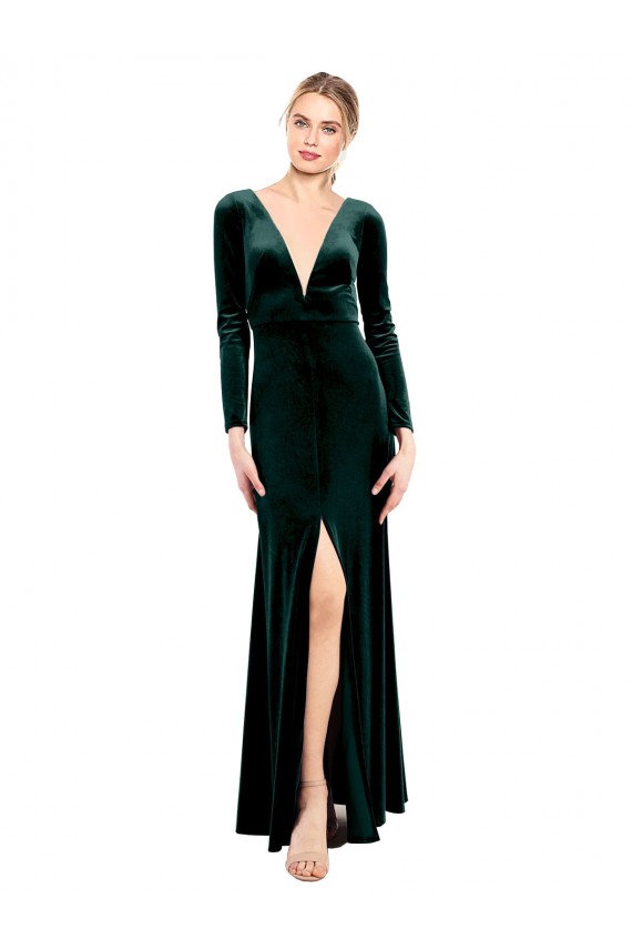 Best Stretch Velvet Open Back Long V-Neck A-Line Black Tie Prom Dress Canada