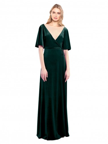 Best Stretch Velvet V-Back Long V-Neck Dark Green A-Line Prom Dress Canada