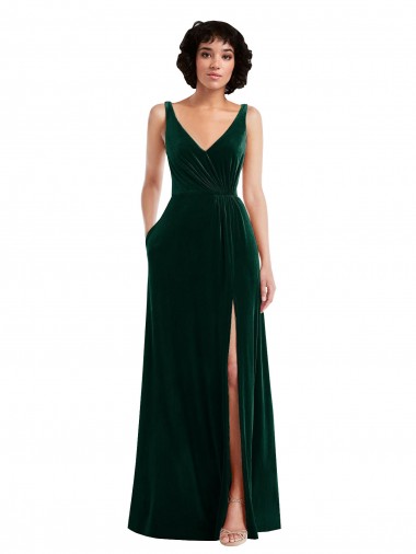 Best Stretch Velvet Long V-Neck A-Line Front Slit Prom Dress Canada