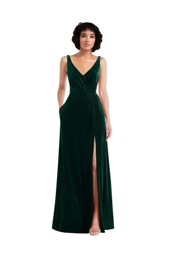 Best Stretch Velvet Long V-Neck A-Line Front Slit Prom Dress Canada
