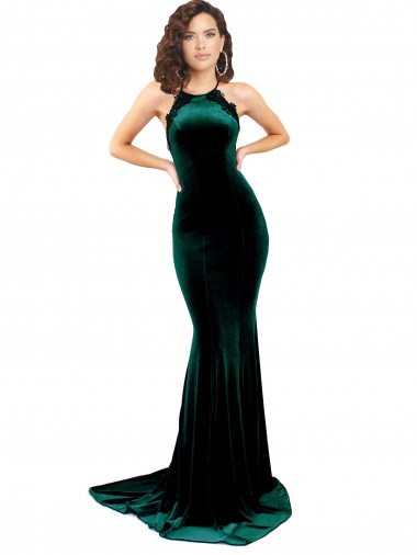 Best Stretch Velvet Low Back Sweep Train High Neck Mermaid Prom Dress Canada