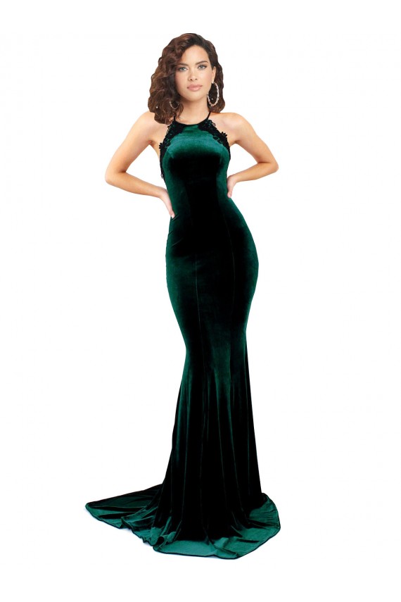 Best Stretch Velvet Low Back Sweep Train High Neck Mermaid Prom Dress Canada