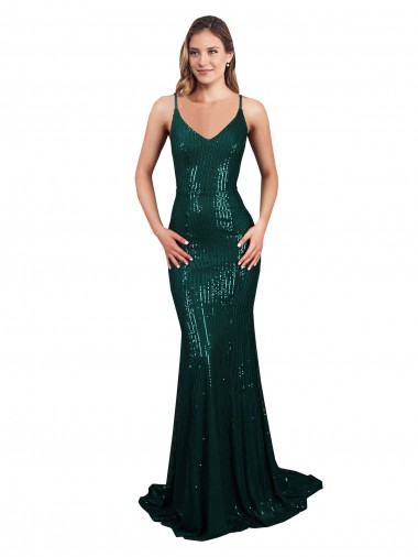 Best Sequin Low Back Long V-Neck Dark Green Mermaid Prom Dress Canada