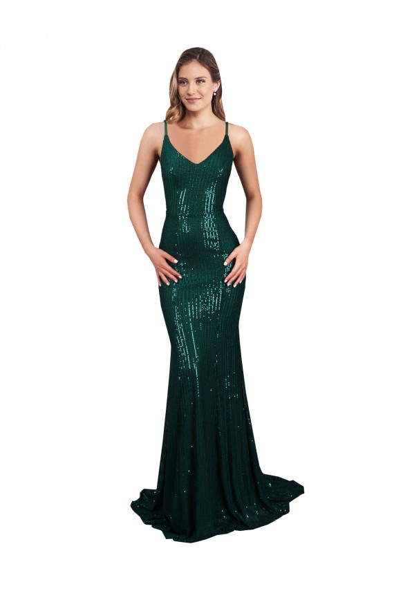 Best Sequin Low Back Long V-Neck Dark Green Mermaid Prom Dress Canada