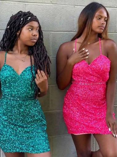 Best Velvet Sequin Sleeveless V-Neck Dark Green Sheath Prom Dress Canada