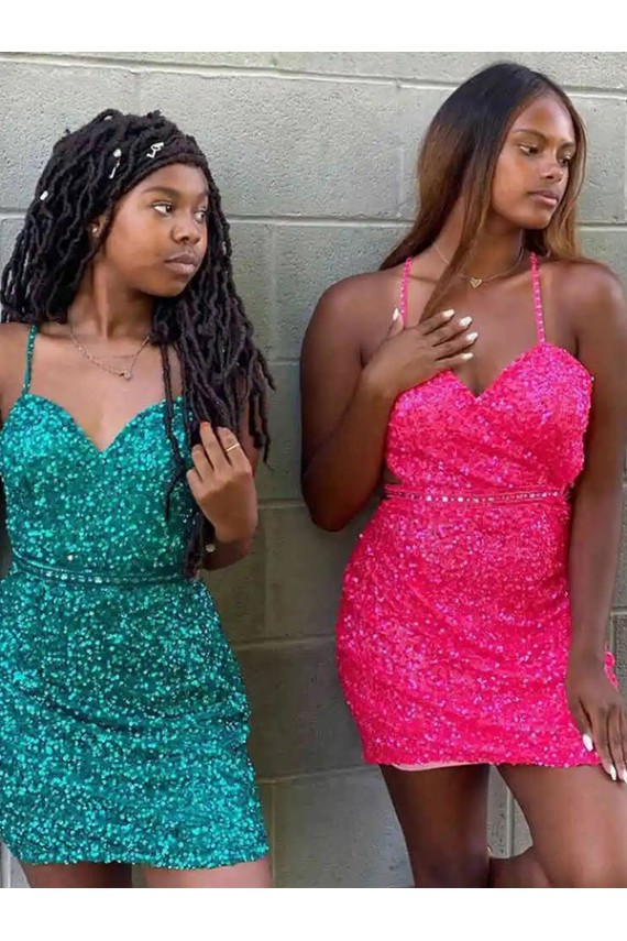 Best Velvet Sequin Sleeveless V-Neck Dark Green Sheath Prom Dress Canada