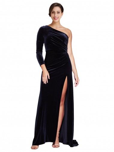 Best Stretch Velvet Sweep Train One Shoulder A-Line Prom Dress Canada