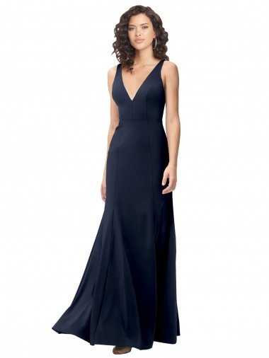 Best Stretch Crepe V-Back Long V-Neck Dark Navy A-Line Prom Dress Canada
