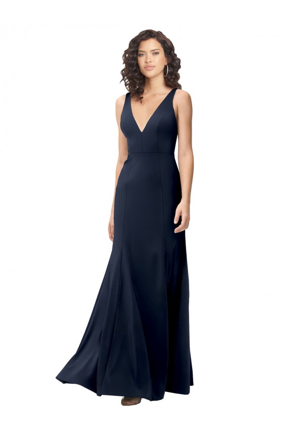 Best Stretch Crepe V-Back Long V-Neck Dark Navy A-Line Prom Dress Canada