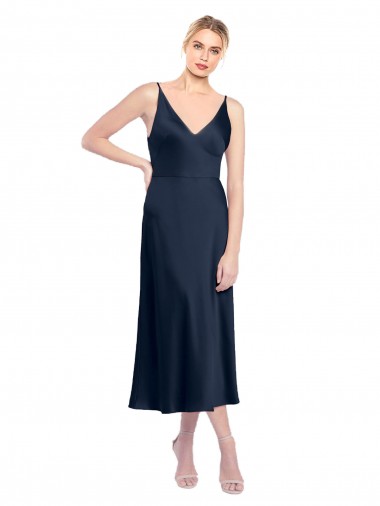 Best Stretch Satin V-Back Midi Length V-Neck A-Line Prom Dress Canada