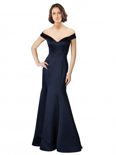 Best Satin Long Off the Shoulder Dark Navy Mermaid Prom Dress Canada