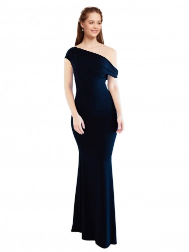 Best Stretch Crepe Long One Shoulder Dark Navy Mermaid Prom Dress Canada