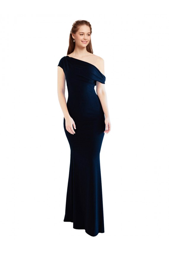 Best Stretch Crepe Long One Shoulder Dark Navy Mermaid Prom Dress Canada