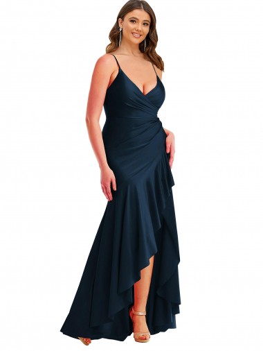 Best Silky Satin Long Spaghetti Straps Mermaid High Low Plus Size Prom Dress Canada