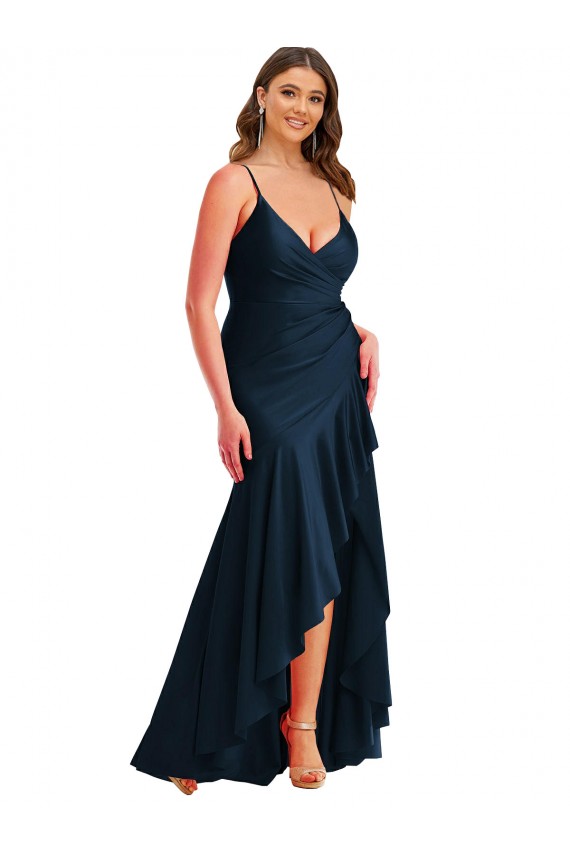 Best Silky Satin Long Spaghetti Straps Mermaid High Low Plus Size Prom Dress Canada