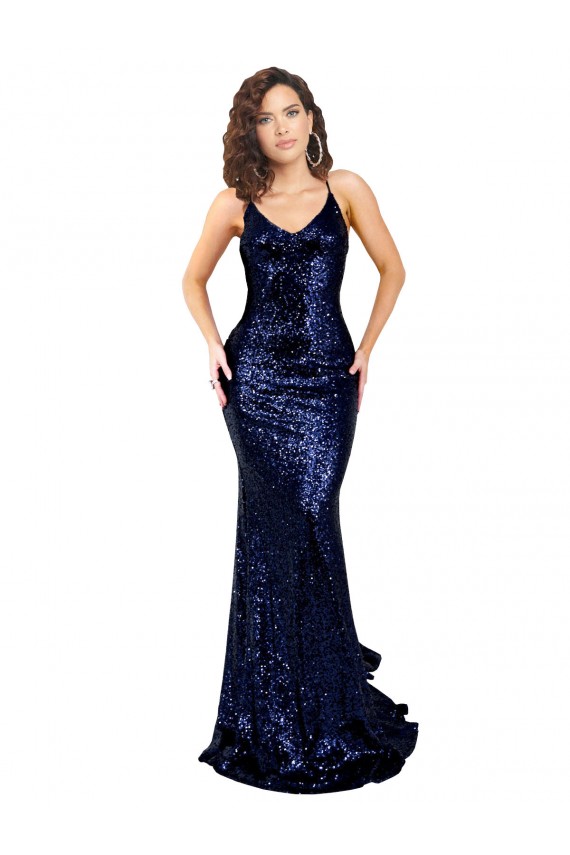 Best Sequin Low Back Long V-Neck Mermaid Prom Dress Canada