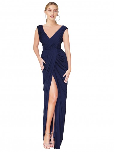 Best Soft Chiffon V-Back Long V-Neck Dark Navy Mermaid Prom Dress Canada