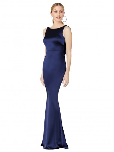 Best Stretch Satin Low Back Long Halter Neck Dark Navy Sheath Prom Dress Canada
