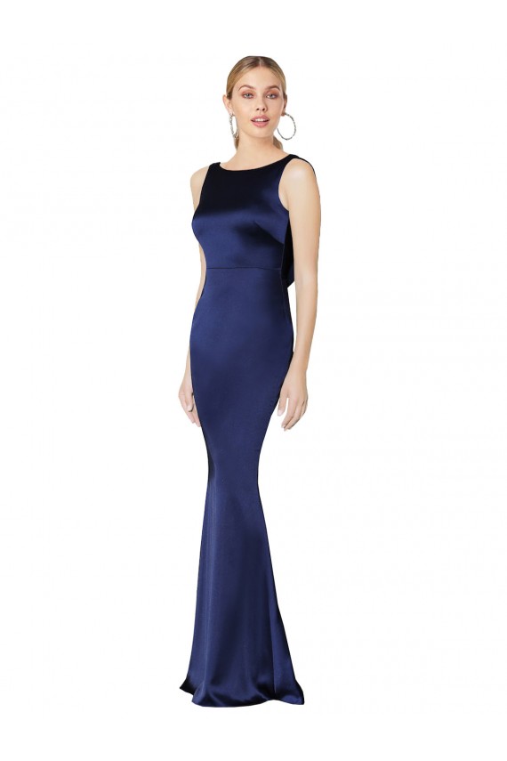 Best Stretch Satin Low Back Long Halter Neck Dark Navy Sheath Prom Dress Canada