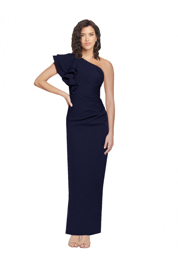 Best Stretch Crepe Long One Shoulder Dark Navy Sheath Prom Dress Canada