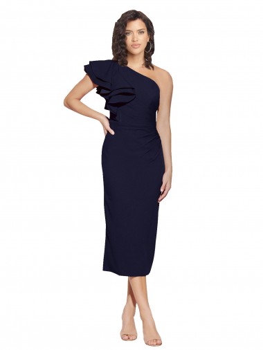 Best Stretch Crepe Midi Length One Shoulder Dark Navy Sheath Prom Dress Canada