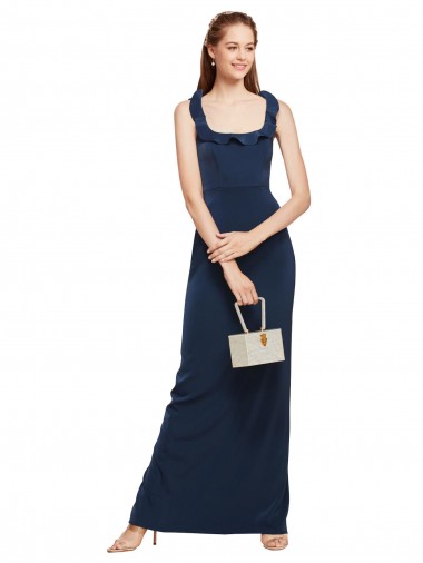 Best Stretch Crepe Low Back Long Scoop Neck Dark Navy Sheath Prom Dress Canada