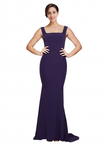 Best Stretch Crepe Sweep Train Square Neck Dark Navy Sheath Prom Dress Canada