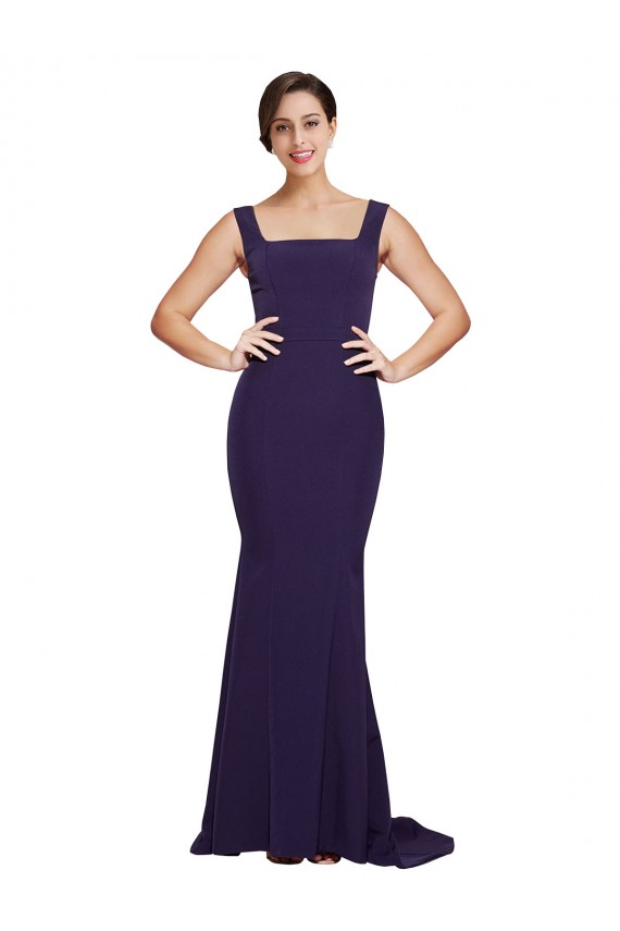 Best Stretch Crepe Sweep Train Square Neck Dark Navy Sheath Prom Dress Canada