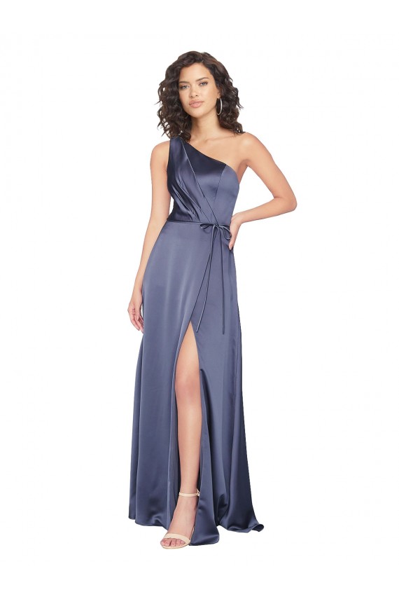 Best Silky Satin Long One Shoulder Dusk A-Line Prom Dress Canada