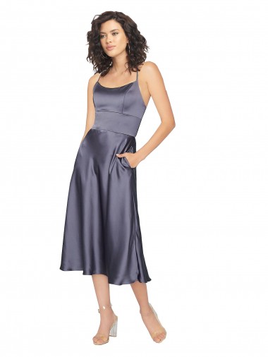 Best Silky Satin Criss Cross Back Midi Length Scoop Neck A-Line Prom Dress Canada