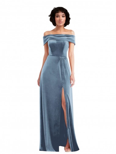 Best Stretch Velvet Long Off the Shoulder Dusty Blue A-Line Prom Dress Canada