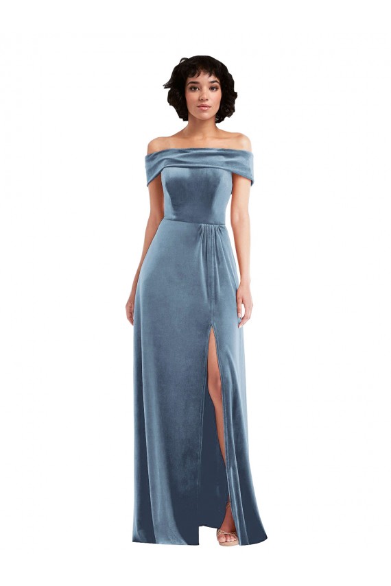 Best Stretch Velvet Long Off the Shoulder Dusty Blue A-Line Prom Dress Canada