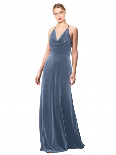 Best Stretch Velvet Keyhole Back Long Spaghetti Straps Dusty Blue A-Line Prom Dress Canada