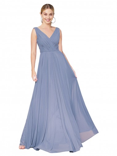 Best Soft Chiffon V-Back Long V-Neck Dusty Blue A-Line Prom Dress Canada