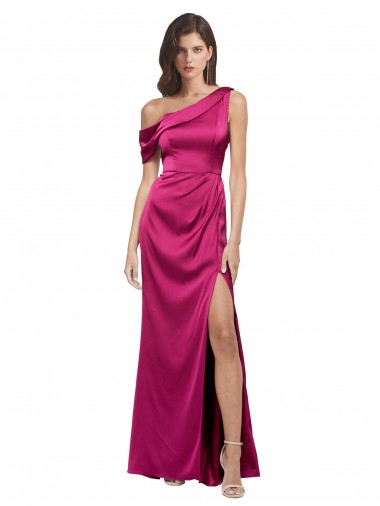 Best Stretch Satin Long One Shoulder A-Line Side Slit Prom Dress Canada