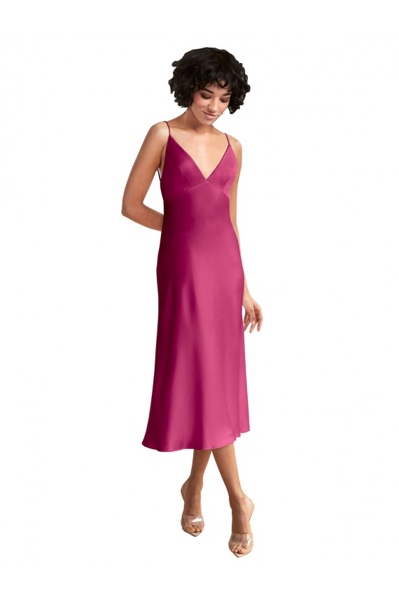 Best Stretch Satin Low Back Midi Length V-Neck A-Line Prom Dress Canada