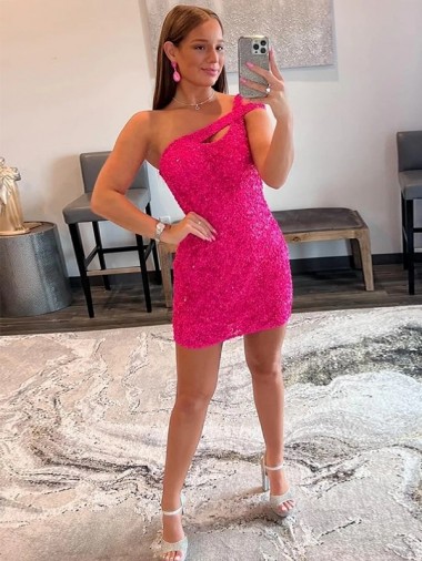 Best Velvet Sequin Sleeveless One Shoulder Fuchsia Sheath Prom Dresses Canada