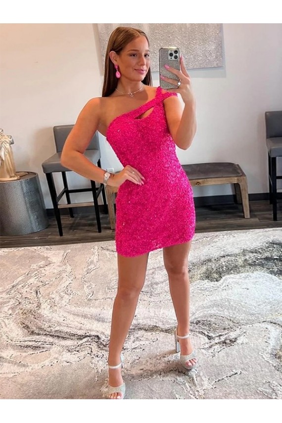 Best Velvet Sequin Sleeveless One Shoulder Fuchsia Sheath Prom Dresses Canada