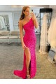 Best Velvet Sequin Sweep Train One Shoulder Sheath High Slit Prom Dress Canada