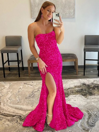 Best Velvet Sequin Sleeveless Strapless Fuchsia Sheath Prom Dress Canada