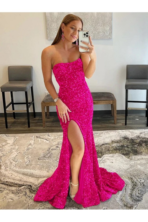 Best Velvet Sequin Sleeveless Strapless Fuchsia Sheath Prom Dress Canada