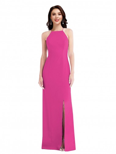 Best Stretch Crepe Open Back Long Halter Neck Fuchsia Trumpet Prom Dress Canada