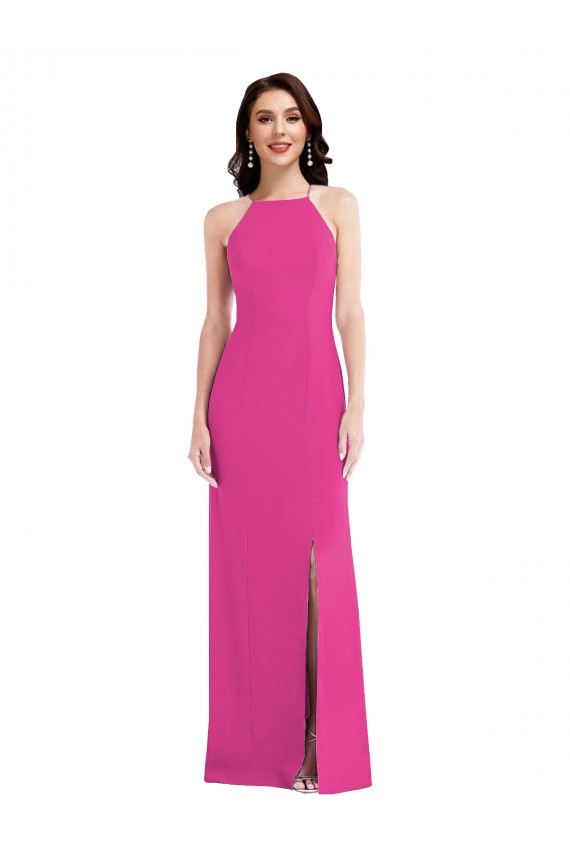 Best Stretch Crepe Open Back Long Halter Neck Fuchsia Trumpet Prom Dress Canada