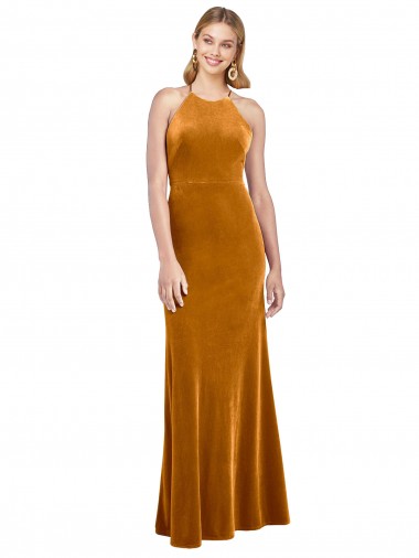 Best Stretch Velvet Criss Cross Open Back Long Halter Neck A-Line Prom Dress Canada