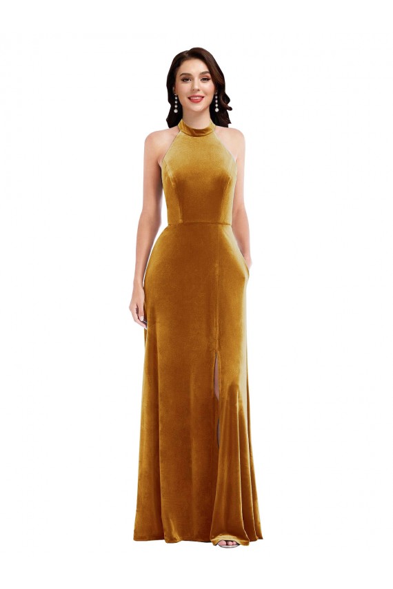 Best Stretch Velvet Keyhole Back Long Halter Neck Trumpet Prom Dress Canada