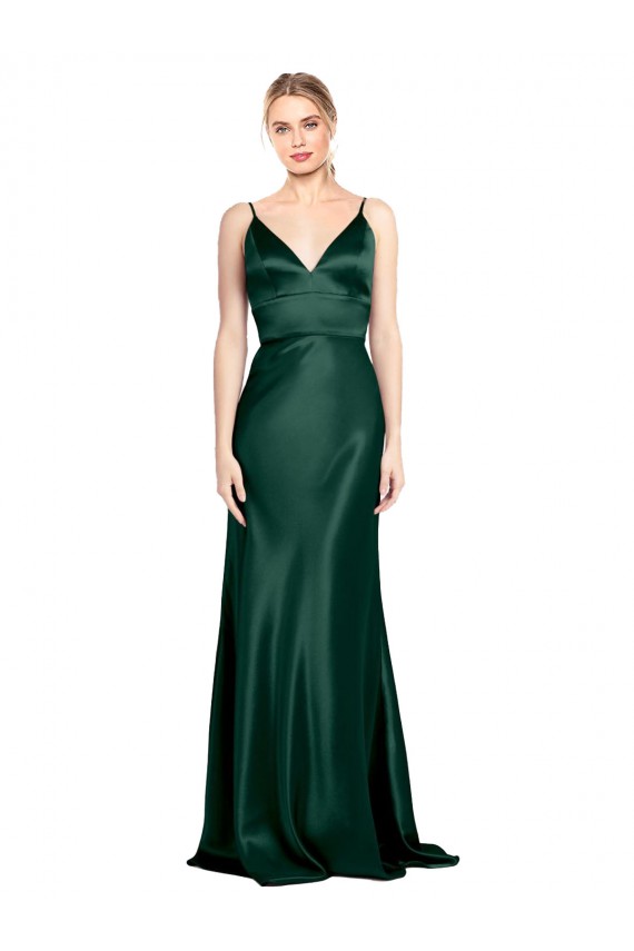Best Stretch Satin V-Back Long Spaghetti Straps Sheath Prom Dress Canada