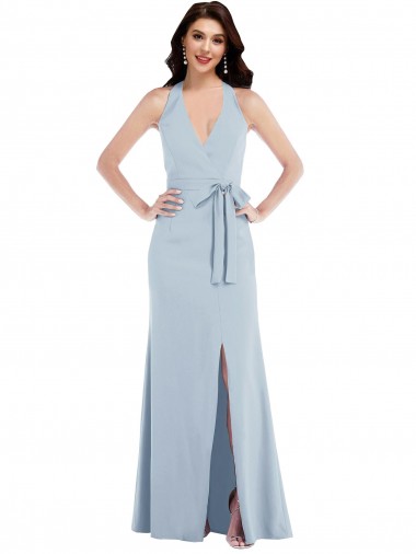Best Stretch Crepe Open Back Long Halter Neck Light Sky Blue A-Line Prom Dress Canada