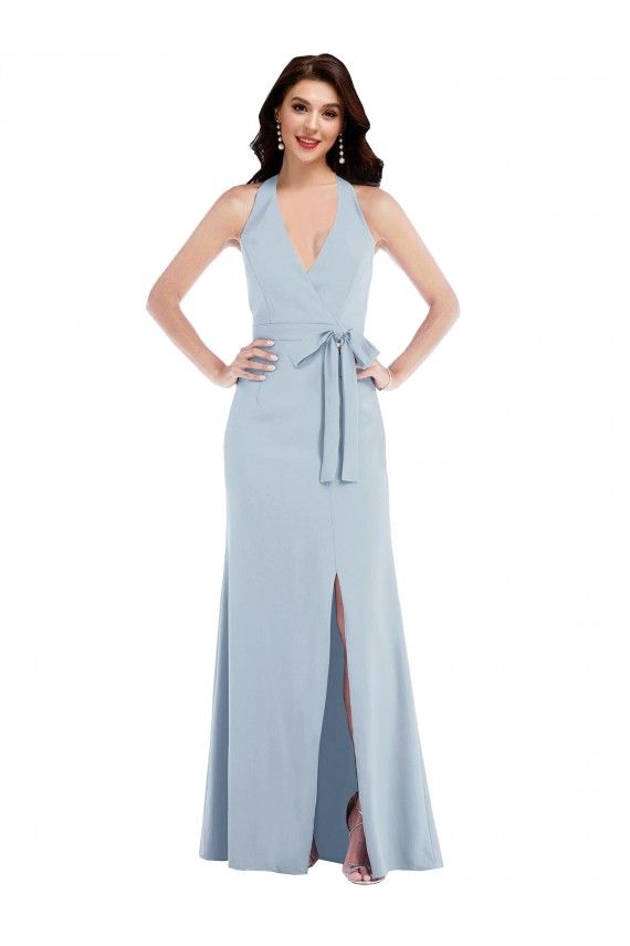 Best Stretch Crepe Open Back Long Halter Neck Light Sky Blue A-Line Prom Dress Canada