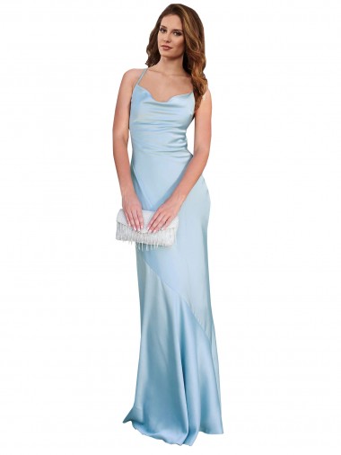Best Silky Satin Criss Cross Open Back Long Cowl Neck Light Sky Blue Sheath Prom Dress Canada